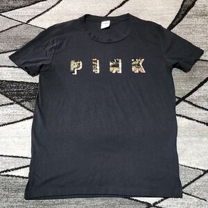 VS PINK 2019 CAMPUS CREW SILVER SHINE SEQUINS BLACK COTTON TEE-SHIRT
